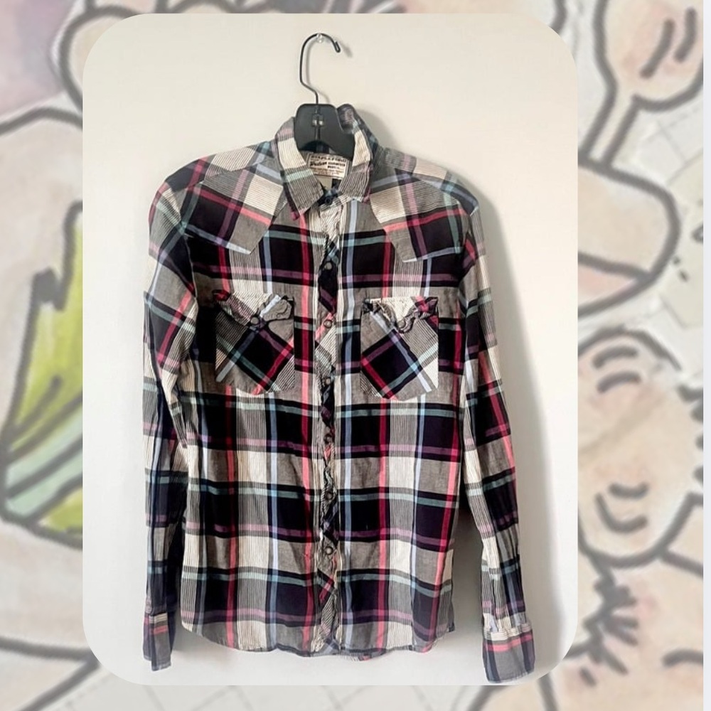 (men’s) Vintage Stapleford Brand Western Plaid ButtonUp Shirt Black, White &Pink